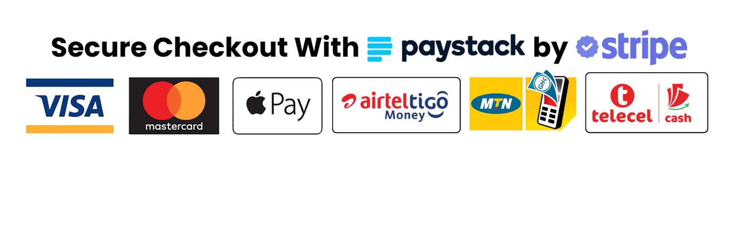 Secure checkout — Paystack, Stripe, Visa, Mastercard, MTN, AirtelTigo, Telecel
